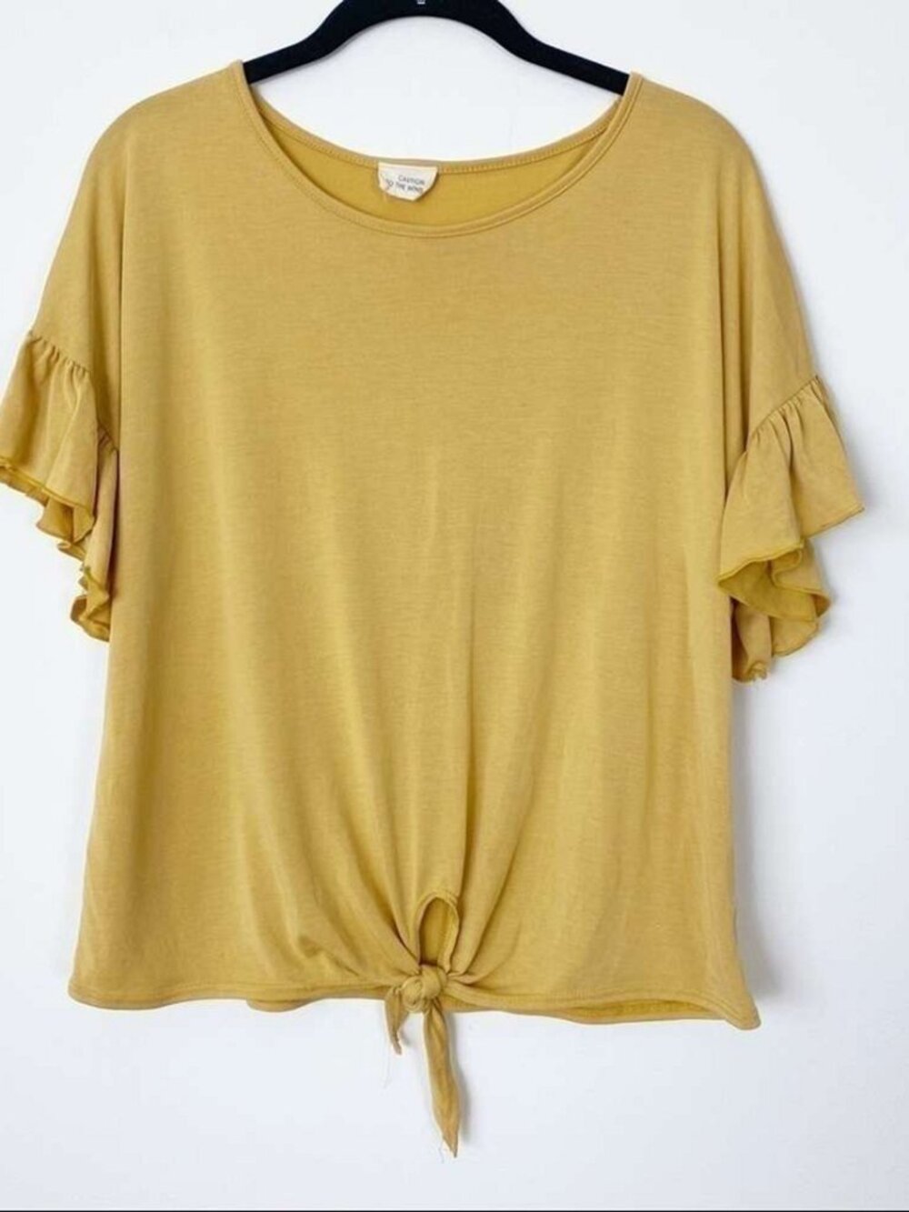 Yellow Flutter Sleeve Front Tie Knit Tee Summer Top
